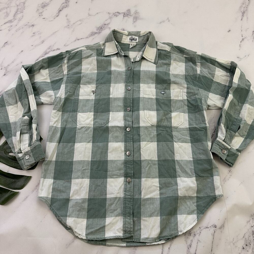 Punch Womens Plaid Shirt Size L Green White Oversize Button Up Cotton Cottage